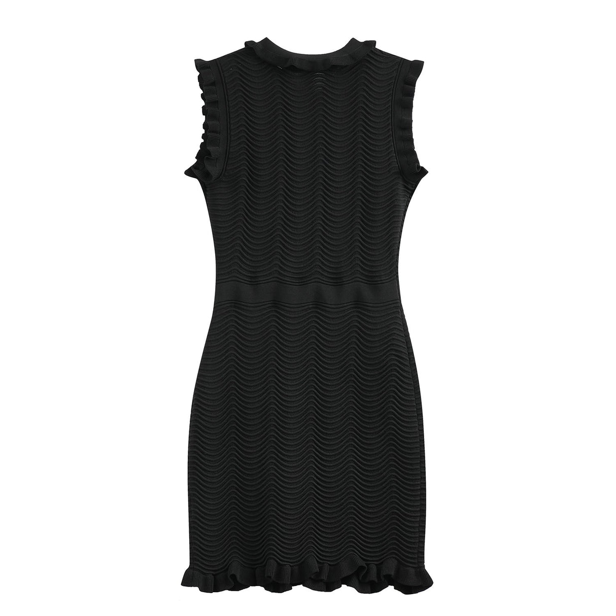 Black bodycon dress with textured wave pattern and ruffled collar and sleeves, ideal for parties or dinners