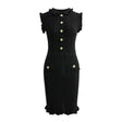 Black bodycon dress with textured wave pattern and ruffled collar and sleeves, ideal for parties or dinners