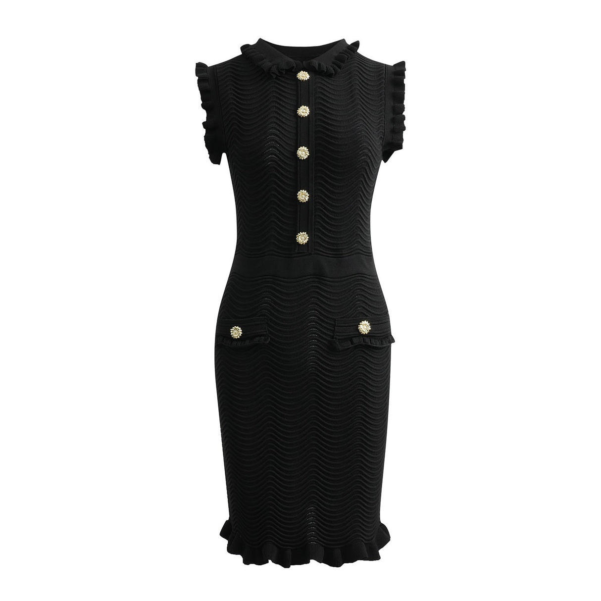 Black bodycon dress with textured wave pattern and ruffled collar and sleeves, ideal for parties or dinners