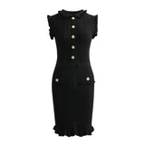 Black bodycon dress with textured wave pattern and ruffled collar and sleeves, ideal for parties or dinners