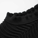 Black bodycon dress with textured wave pattern and ruffled collar and sleeves, ideal for parties or dinners