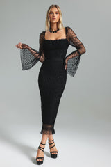 Black Crana Mesh Midi Dress with Square Neckline and Polka Dot Pattern