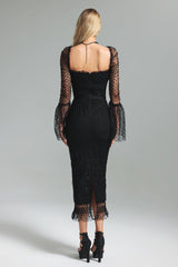 Black Crana Mesh Midi Dress with Square Neckline and Polka Dot Pattern