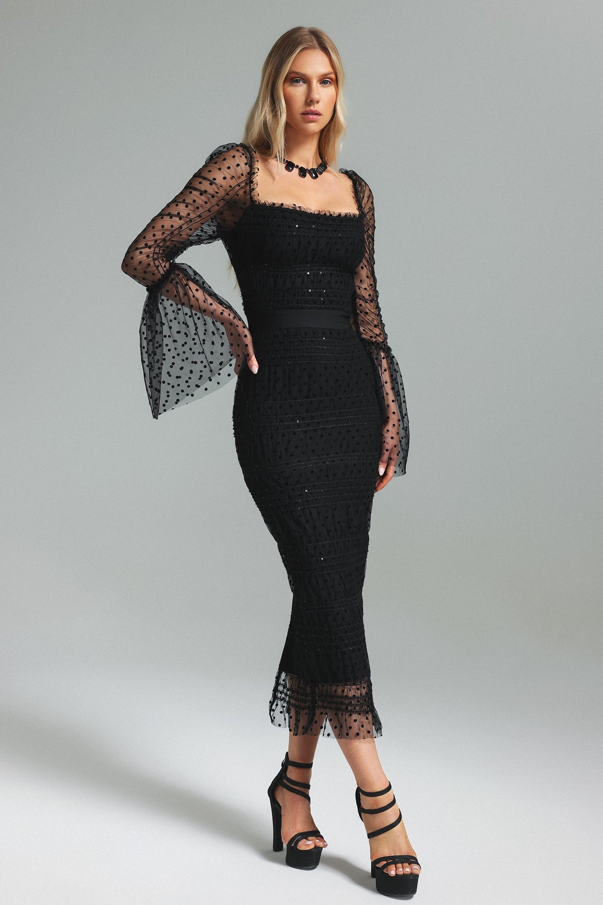Black Crana Mesh Midi Dress with Square Neckline and Polka Dot Pattern