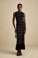 Black crochet knit maxi dress with studded details by Chloe