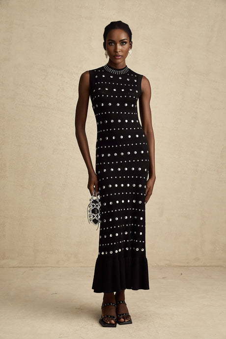 Black crochet knit maxi dress with studded details by Chloe