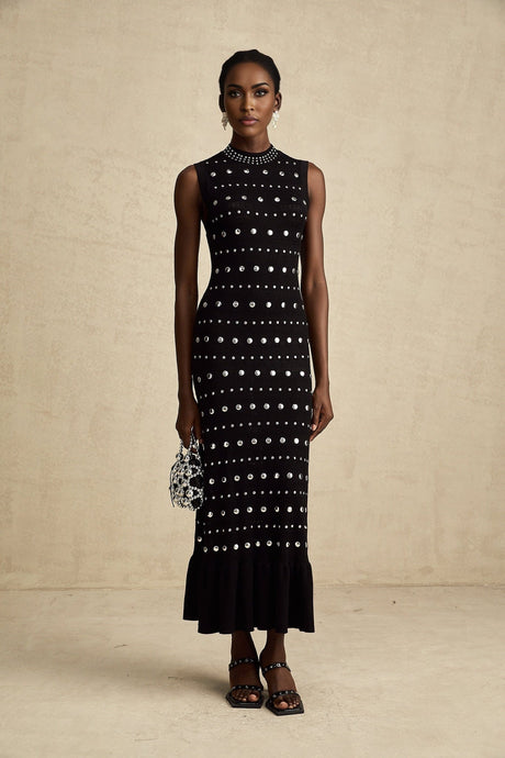 Black crochet knit maxi dress with studs by Chloe