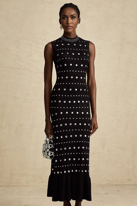 Black crochet knit maxi dress with studs by Chloe
