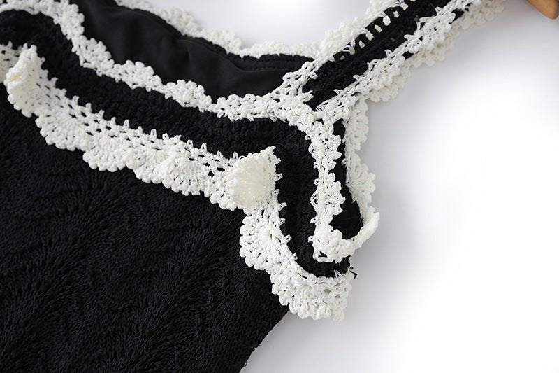 Black crochet lace fitted tank top with white accents