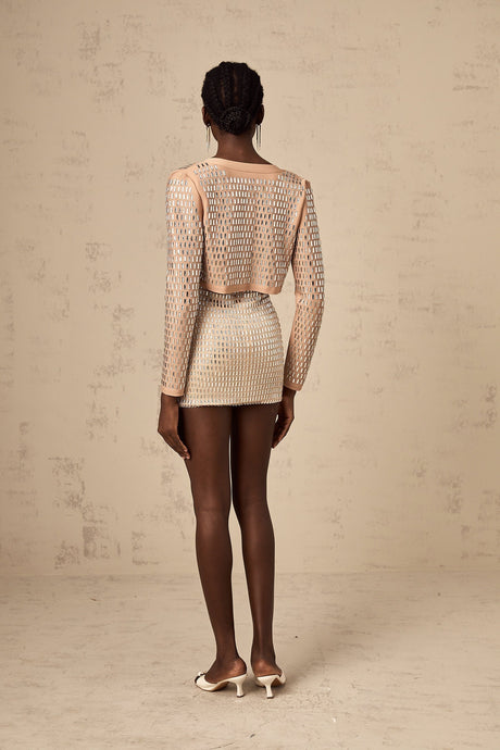Black cropped jacket with silver studs embellishing the collar and lapels Ubalda design short sleeves and open front