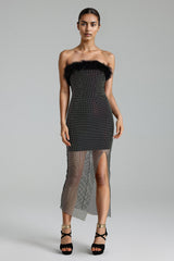Black Diamante Feather Mesh Midi Dress with High Slit Design