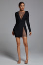 Black Esme Mesh Mini Dress with V neckline, long sleeves, and side slit for a chic and sophisticated look