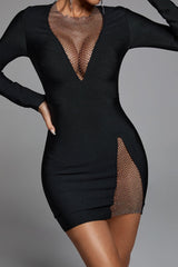 Black Esme Mesh Mini Dress with V Neckline and Side Slit