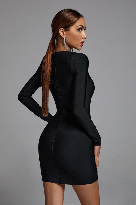 Black Esme Mesh Mini Dress with V neckline and side slit