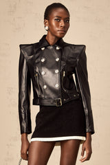 Black faux leather jacket with double breasted design and belt named Diane