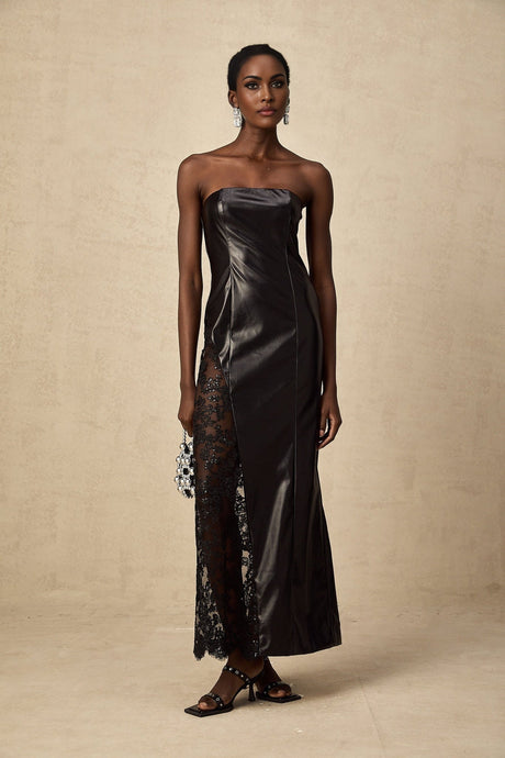 Black faux leather maxi dress with lace panel details