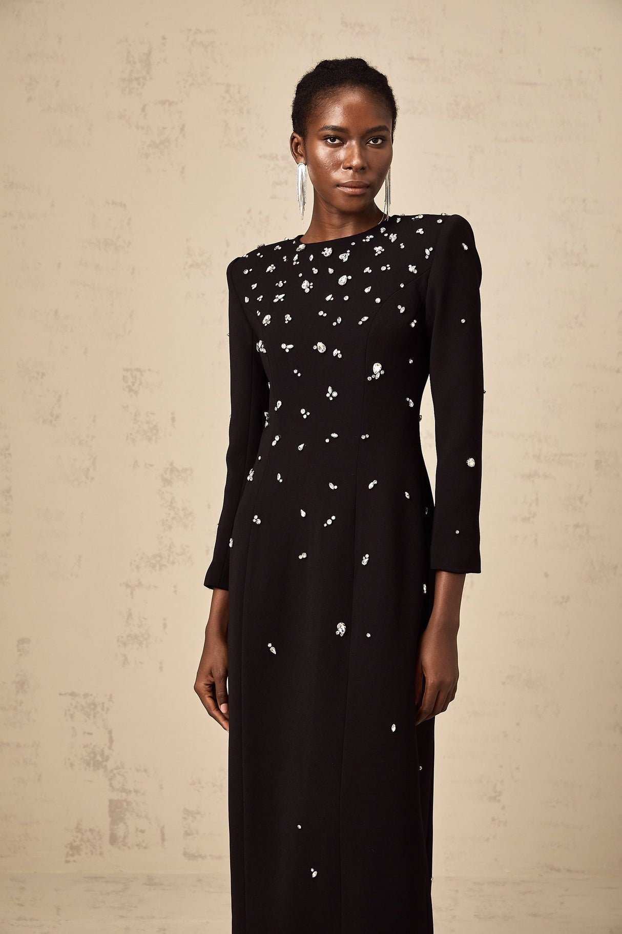 Black floor length dress with crystal embellishments