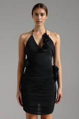 Black Floral Halter V-Neck Mini Dress with Ruched Detailing