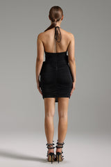 Black floral halter V-neck mini dress for special occasions with ruched detailing