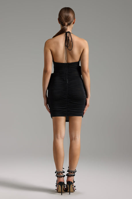 Black floral halter V-neck mini dress for special occasions with ruched detailing