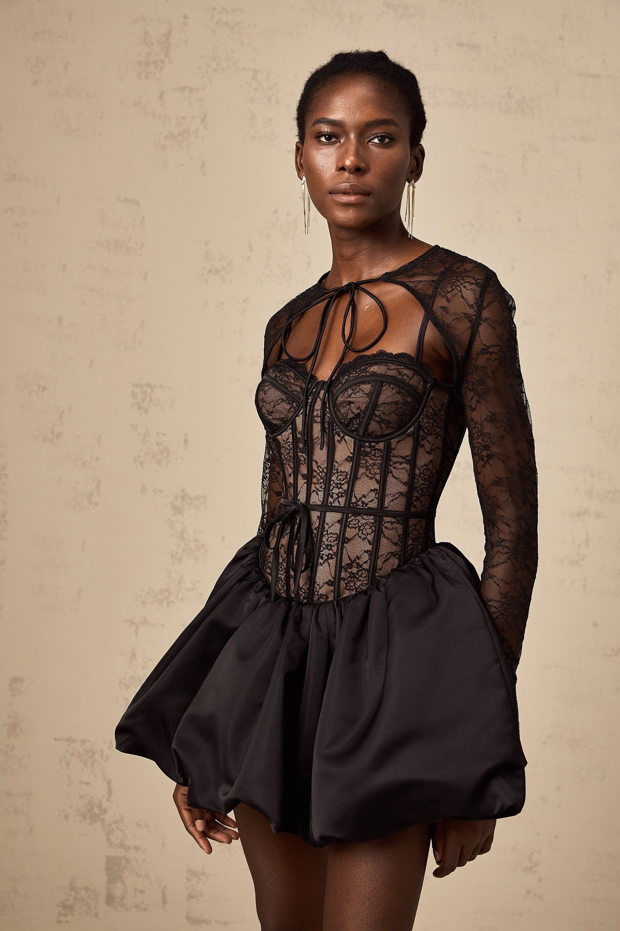 Black floral lace matching set with sleeveless vest and dress in Louise style