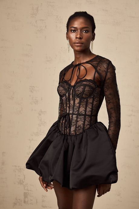Black floral lace matching set with sleeveless vest and dress in Louise style