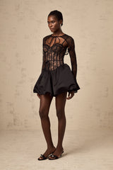Black floral lace matching set with sleeveless vest and dress in Louise style