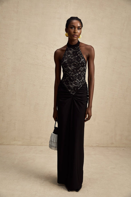 Black floral lace maxi dress with halter neckline and allover lace pattern featuring Camille design