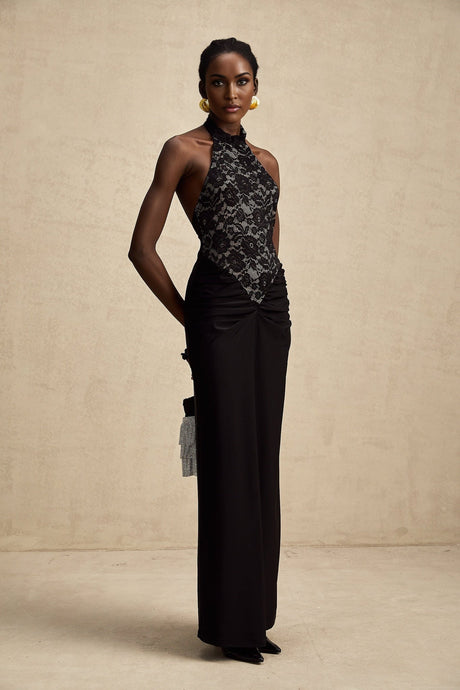Black floral lace maxi dress with halter neckline and floral lace pattern named Camille