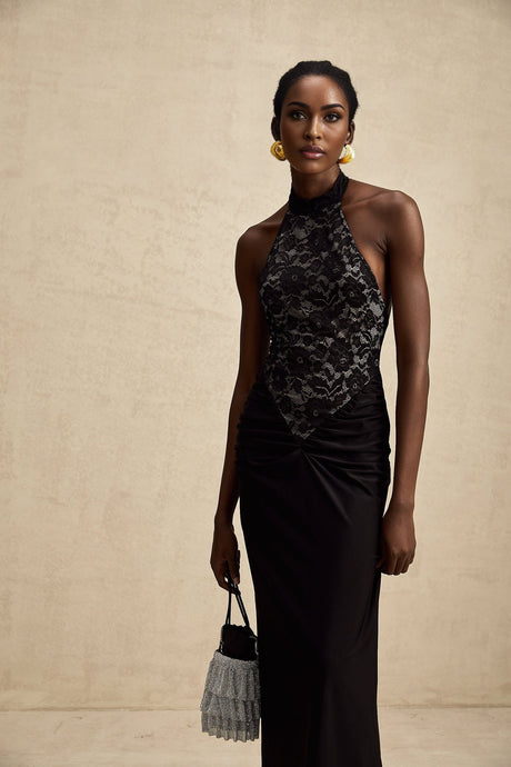 Black floral lace maxi dress with halter neckline and full length skirt