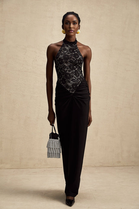Black floral lace maxi dress with halter neckline and long flowing skirt
