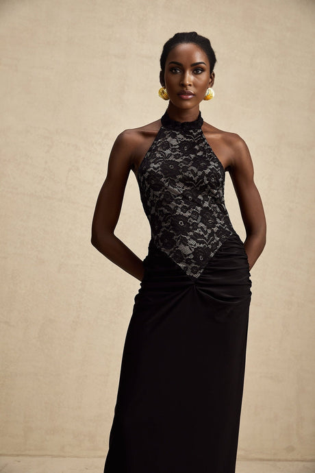 Black floral lace maxi dress with halter neckline featuring Camille design