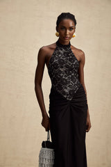 Black floral lace maxi dress with halter neckline named Camille