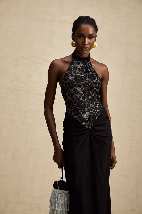 Black floral lace maxi dress with halter neckline named Camille