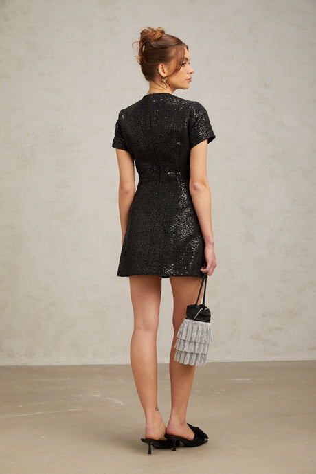 Black glittery mini dress with sparkly finish and short length