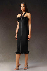 Black Halter Sleeveless Lace Bandage Midi Dress