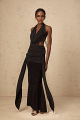 Black halterneck backless maxi dress with long flowing skirt