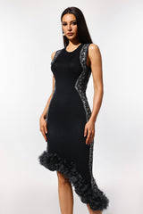 Black Imaan Round Collar Sleeveless Lace Bandage Midi Dress