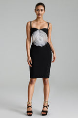 Black Jacey Mesh Flower Bandage Midi Dress