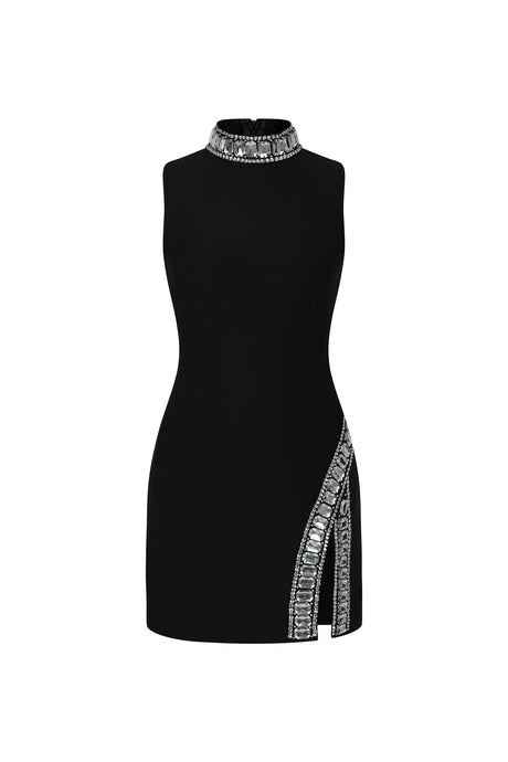 Black Kianala Bandage Sleeveless High Neck Diamond Slit Mini Dress