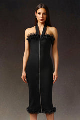 Black Lace Bandage Midi Dress with Halter Neckline
