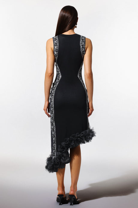 Black Lace Bandage Midi Dress with Round Collar and Ruffled Hem