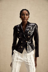 Black leather jacket with cinched waist design named Elodie