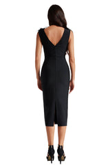 Black Lorraine Feather V Neck Bandage Midi Dress