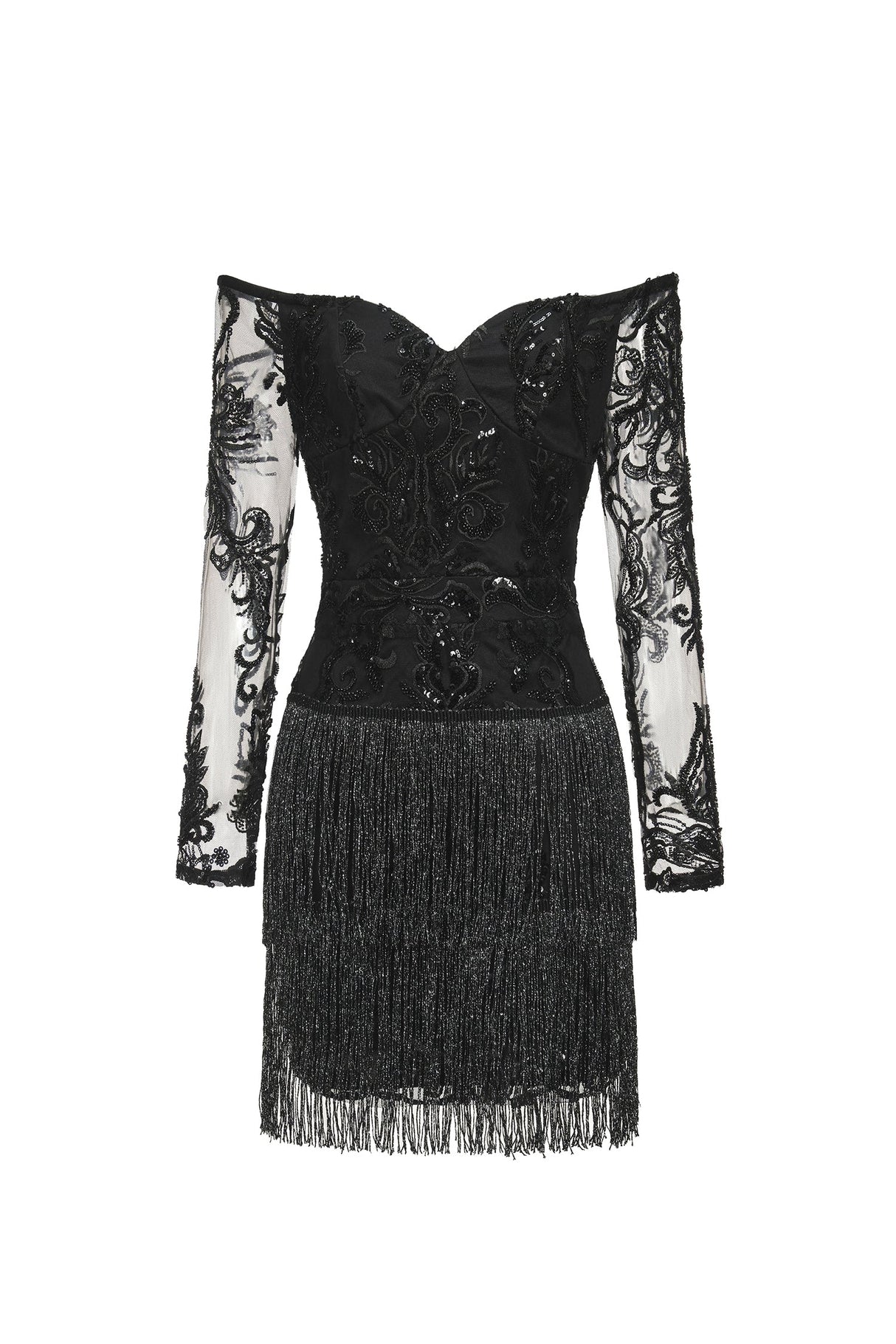 Black Ludia Lace Sequins Off Shoulder Fringe Mini Dress