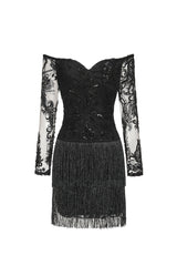 Black Ludia Lace Sequins Off Shoulder Fringe Mini Dress