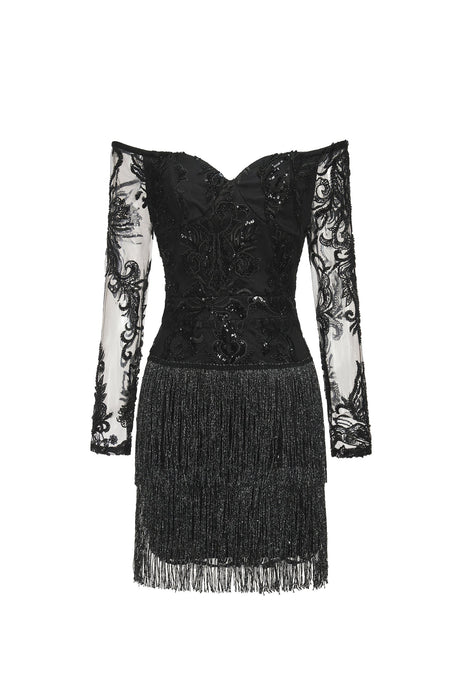 Black Ludia Lace Sequins Off Shoulder Fringe Mini Dress