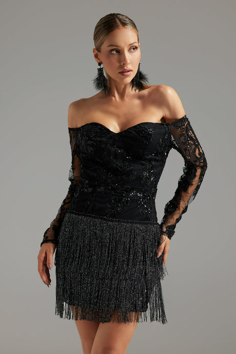 Black Ludia Lace Sequins Off Shoulder Fringe Mini Dress