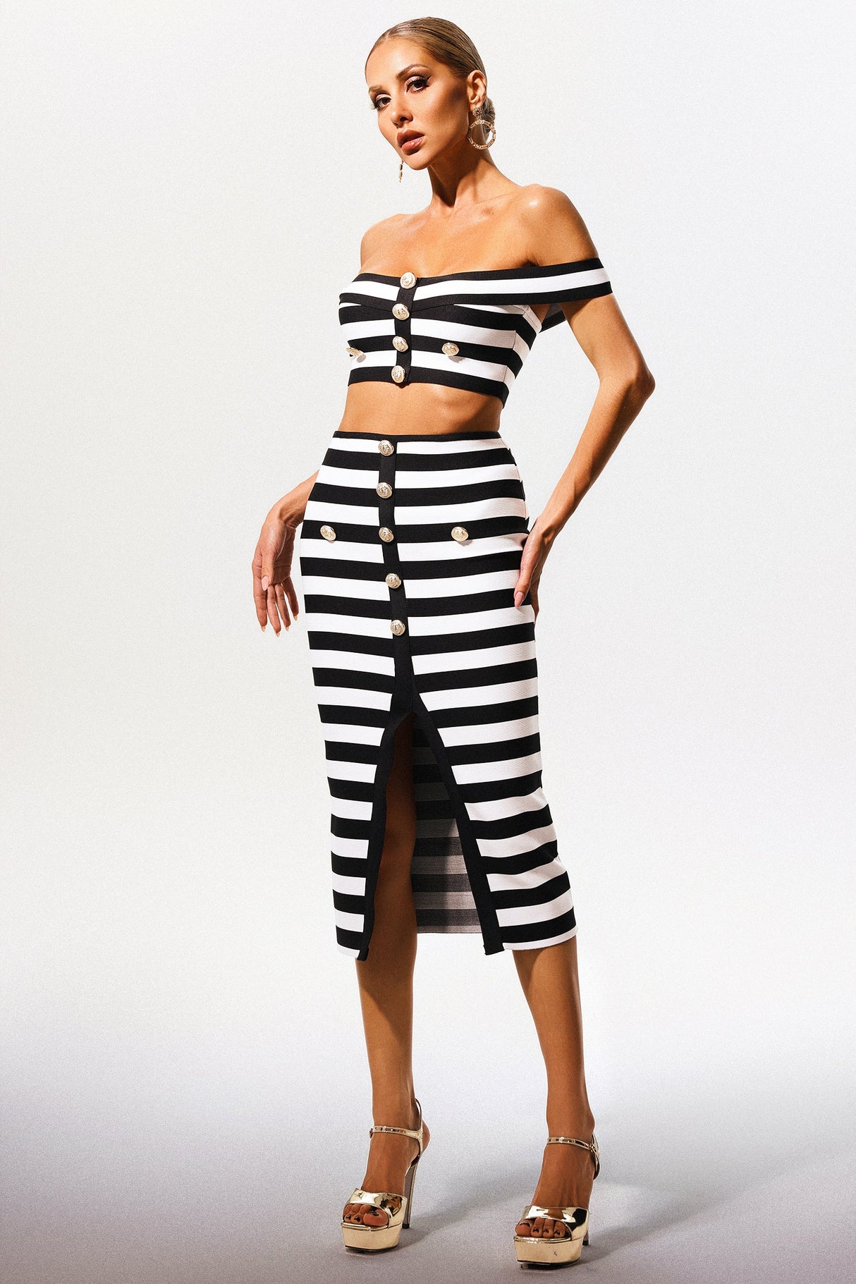Black Martha Off-the-Shoulder Hollow Out Slit Bandage Midi Two-Piece Set