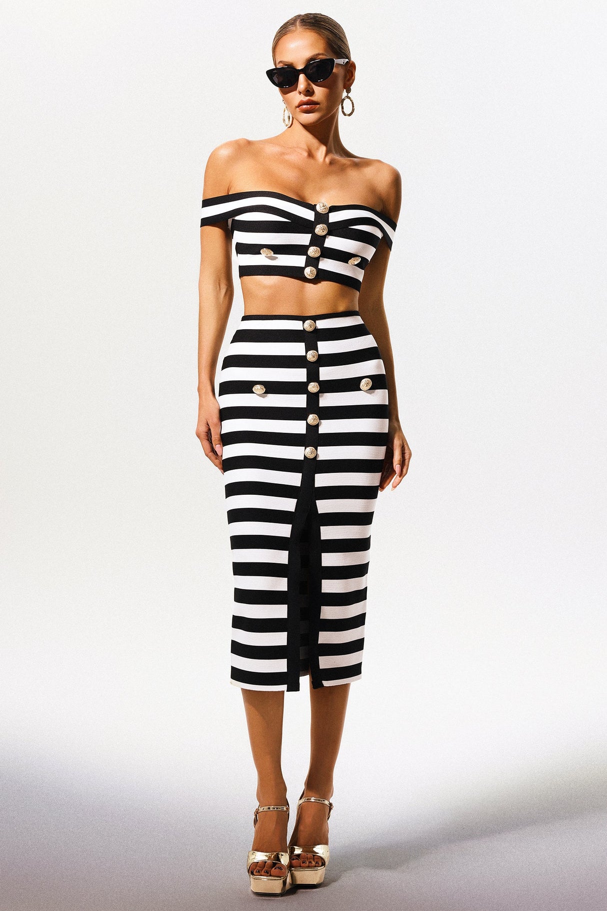 Black Martha Off-the-Shoulder Hollow Out Slit Bandage Midi Two-Piece Set